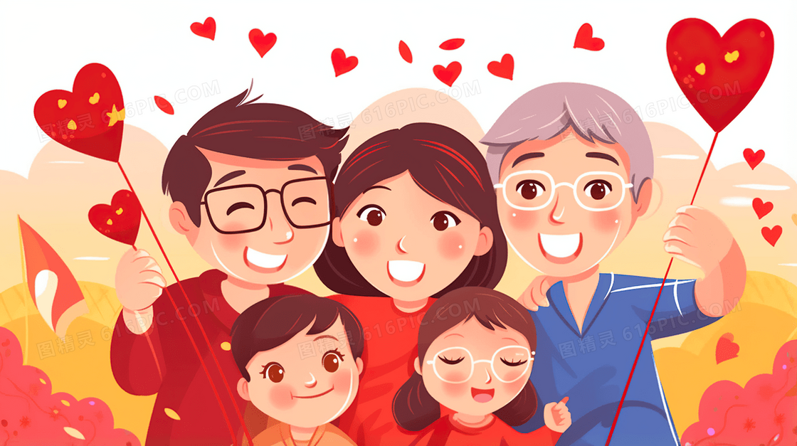 国庆节一家人团聚开心喜悦插画