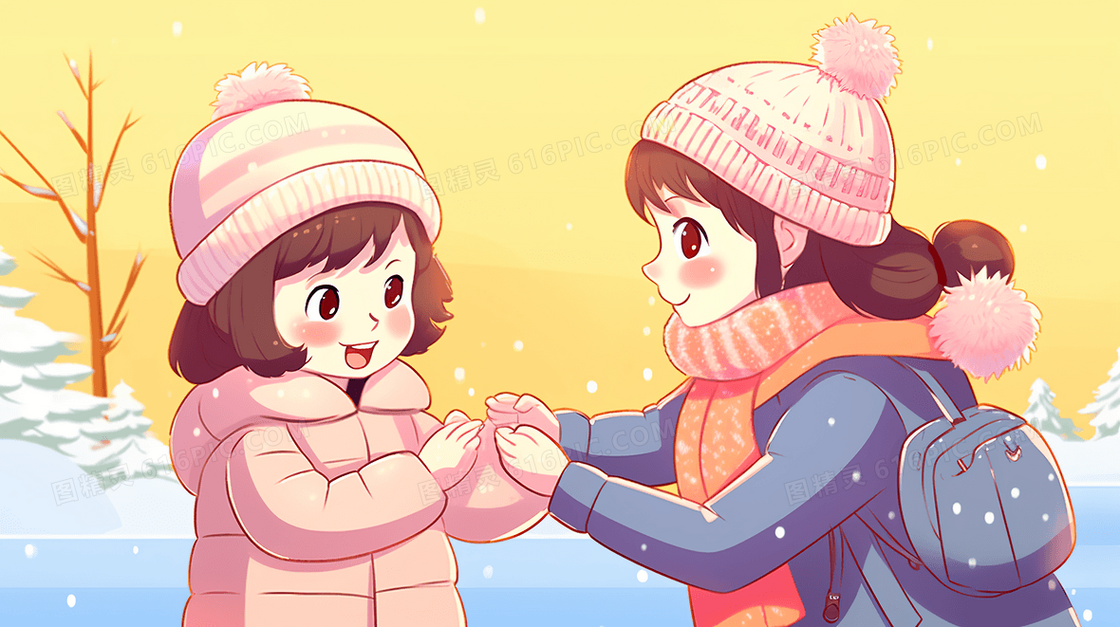 冬天妈妈带孩子在雪地里玩耍插画