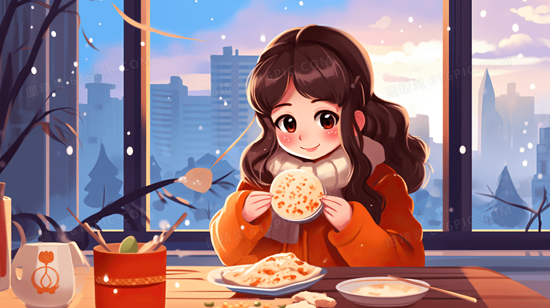冬天女孩在室内饮食保暖插画