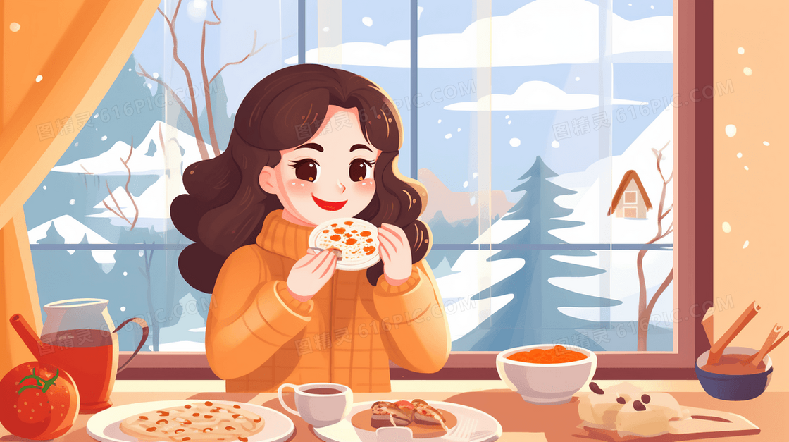 冬天女孩在室内喝茶保暖插画
