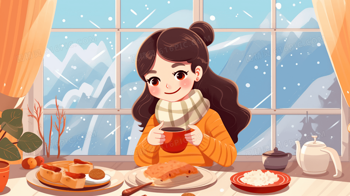 冬天女孩在室内喝茶保暖插画
