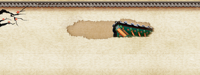 中国风复古建筑梅花树枝详情页海报背景