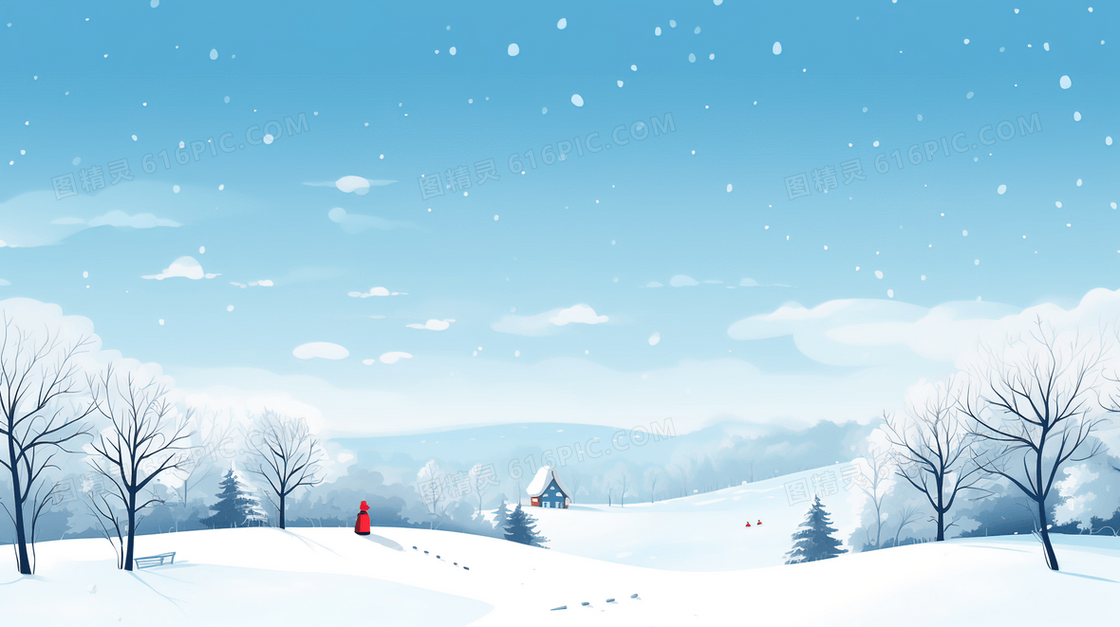 冬季雪山森林木屋插画
