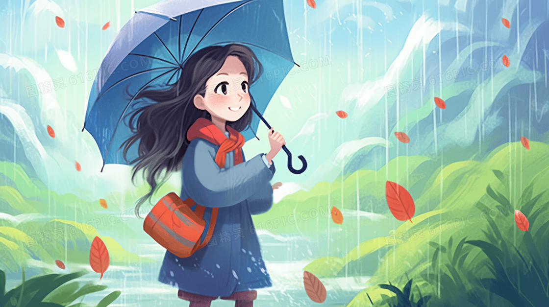 深秋降温在雨中撑着伞唯美落叶插画