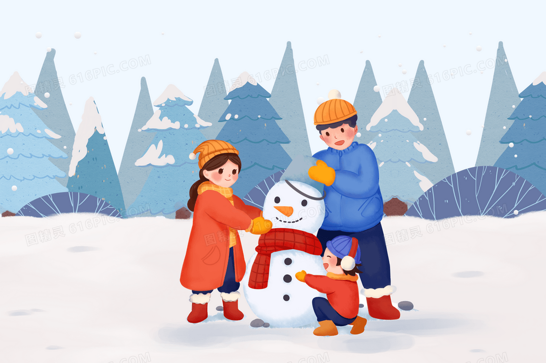 立冬节气一家人户外堆雪人插画