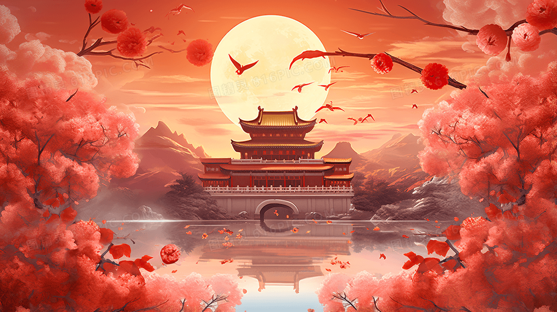 国庆节国潮风山水建筑大好河山插画