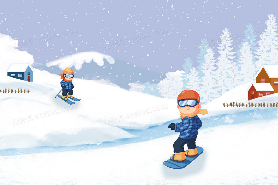 立冬时节孩子户外滑雪插画