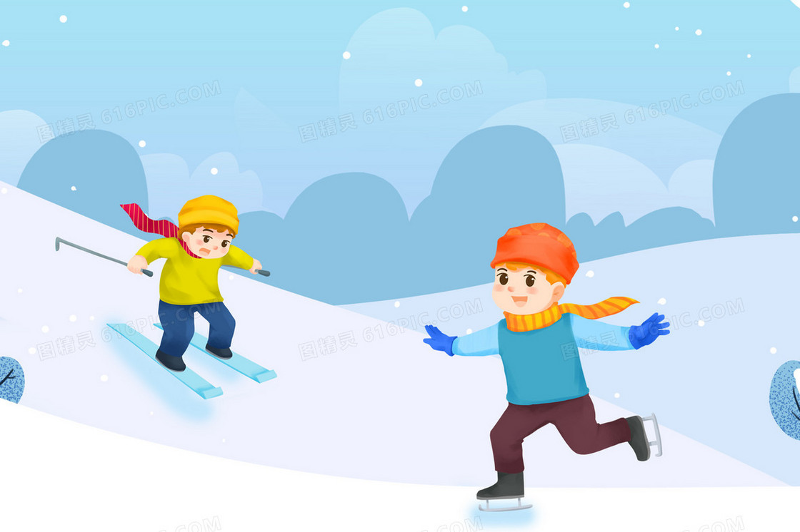 冬天男孩户外滑雪插画
