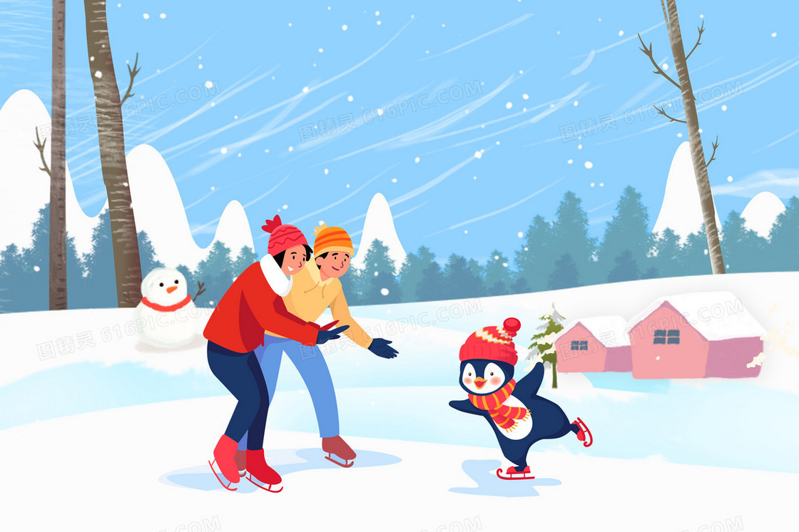 冬天情侣和企鹅宝宝一起滑雪创意插画
