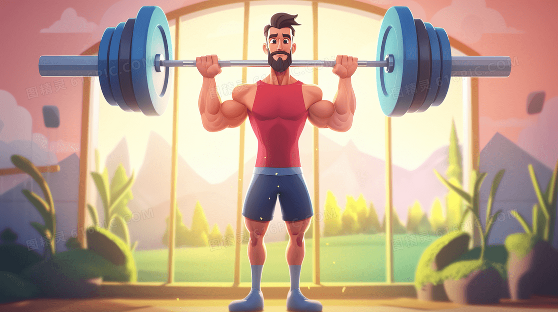 在健身房里举重锻炼的男人插画