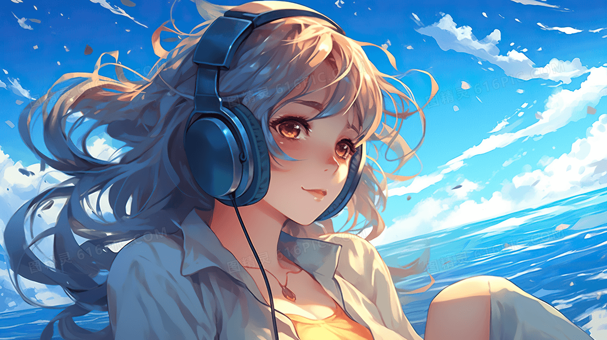 女孩听音乐氛围感插画