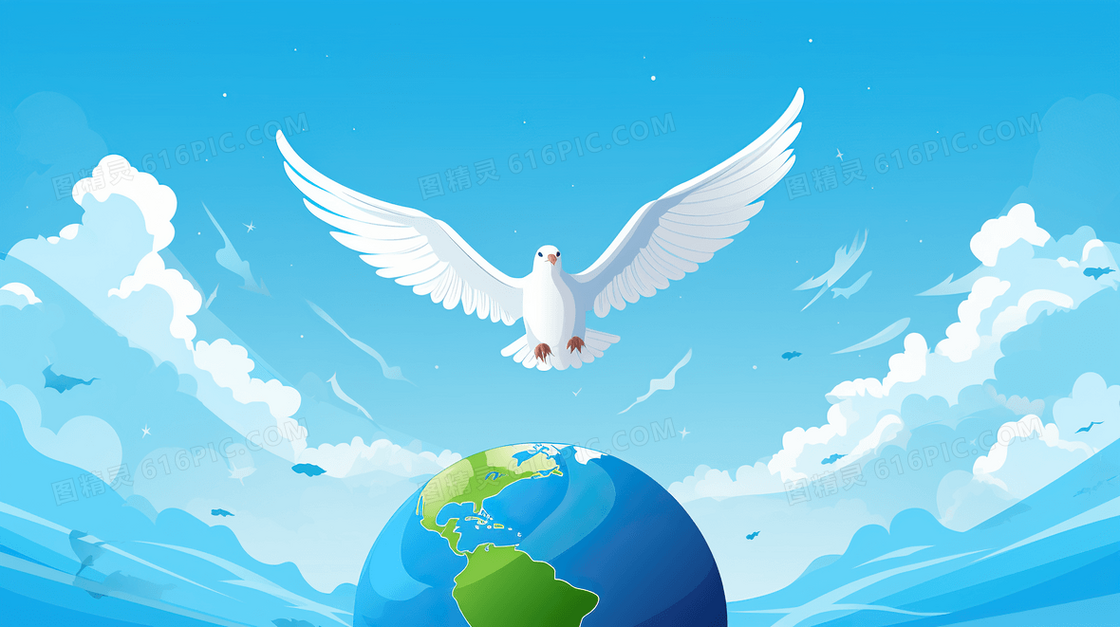 世界和平日蓝天白云和平鸽地球插画