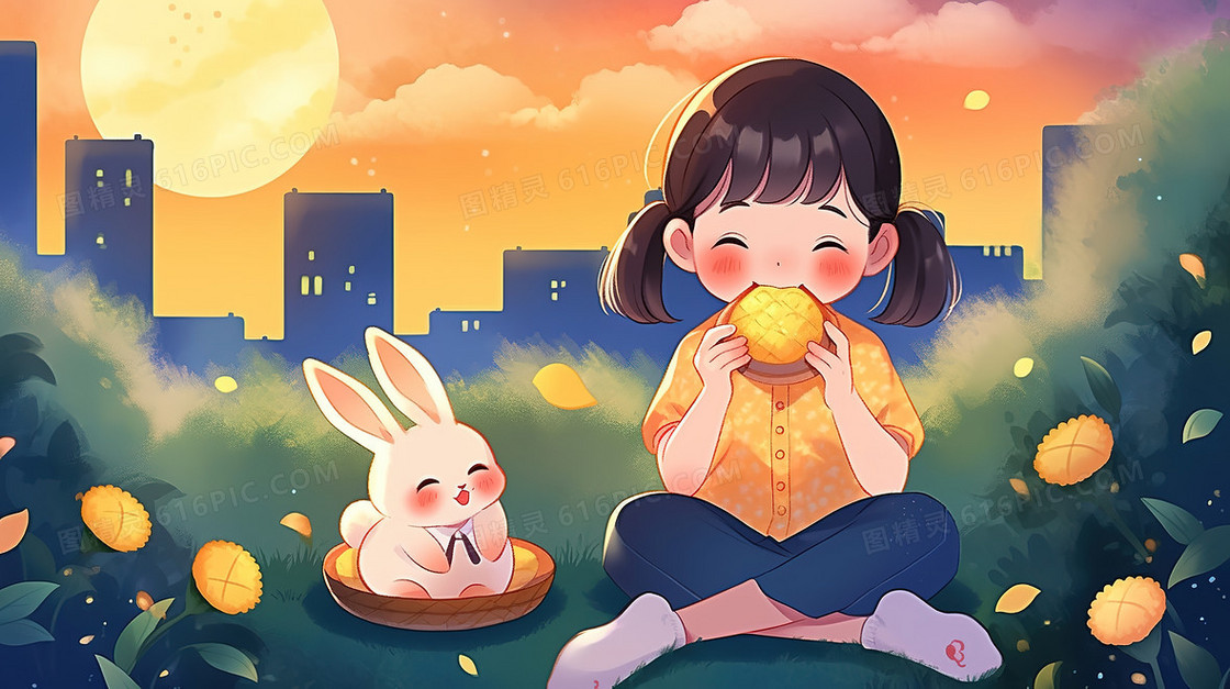 中秋节卡通可爱女孩与兔子插画