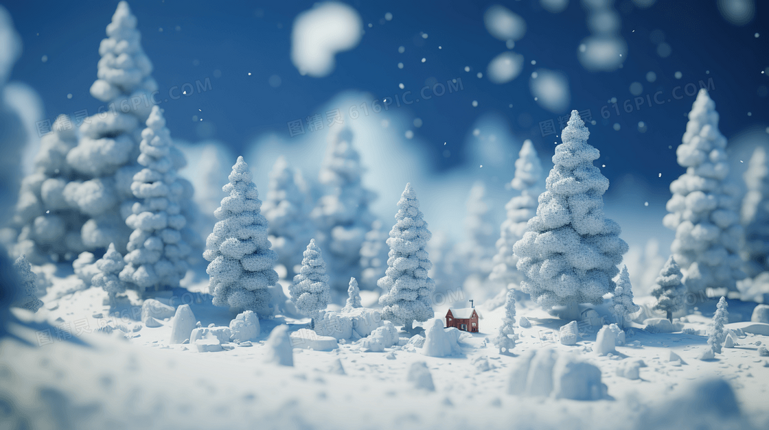 大雪松树林雪人圣诞微距雪景插画