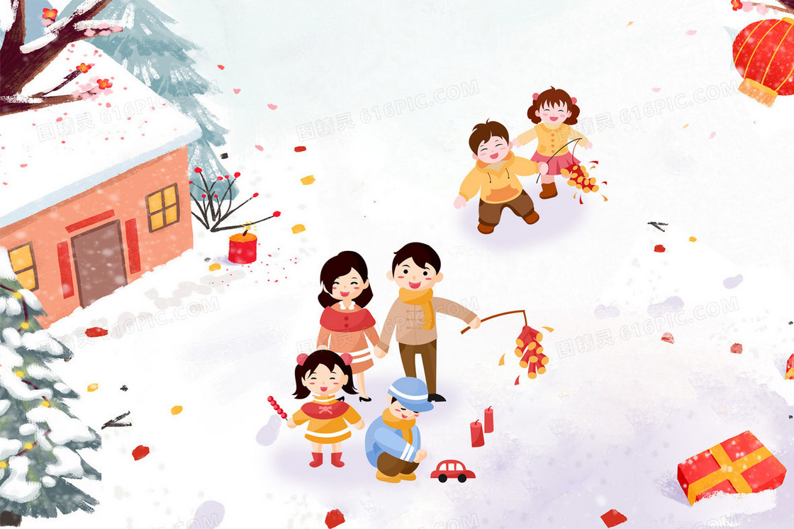 春节大人带着孩子在户外放鞭炮插画