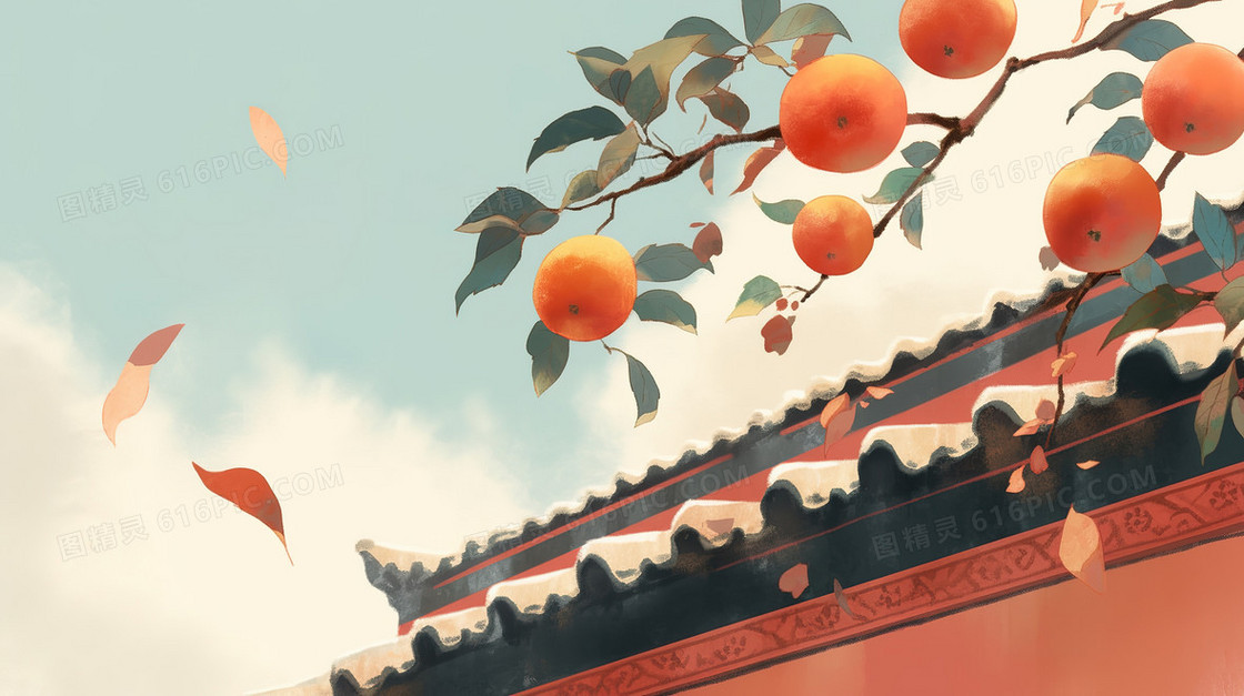 寒露节气屋顶上的柿子插画