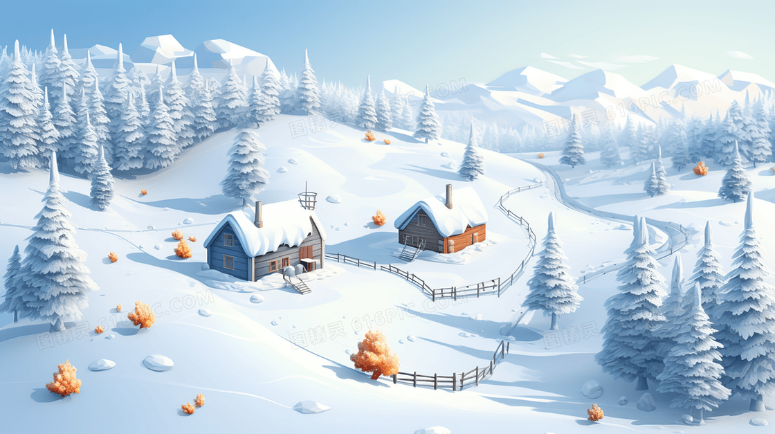 冬季大雪高山林间小屋插画