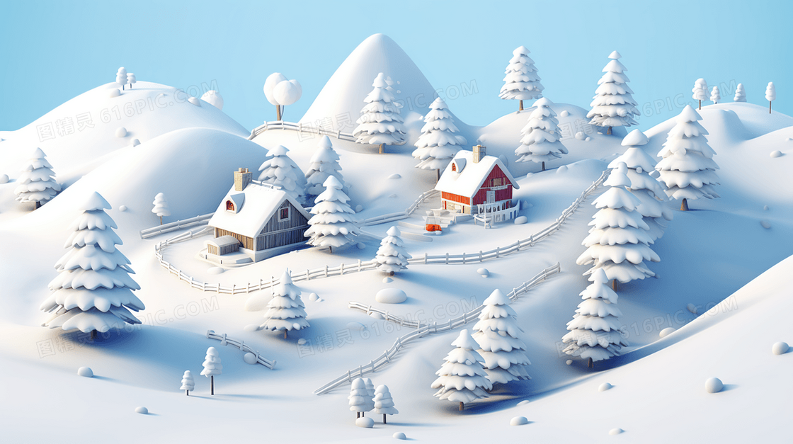 冬季大雪高山林间小屋插画