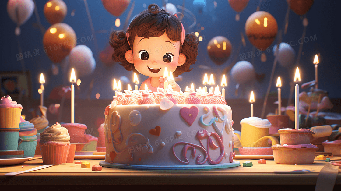 在插满蜡烛的蛋糕前开心庆祝生日的小女孩插画