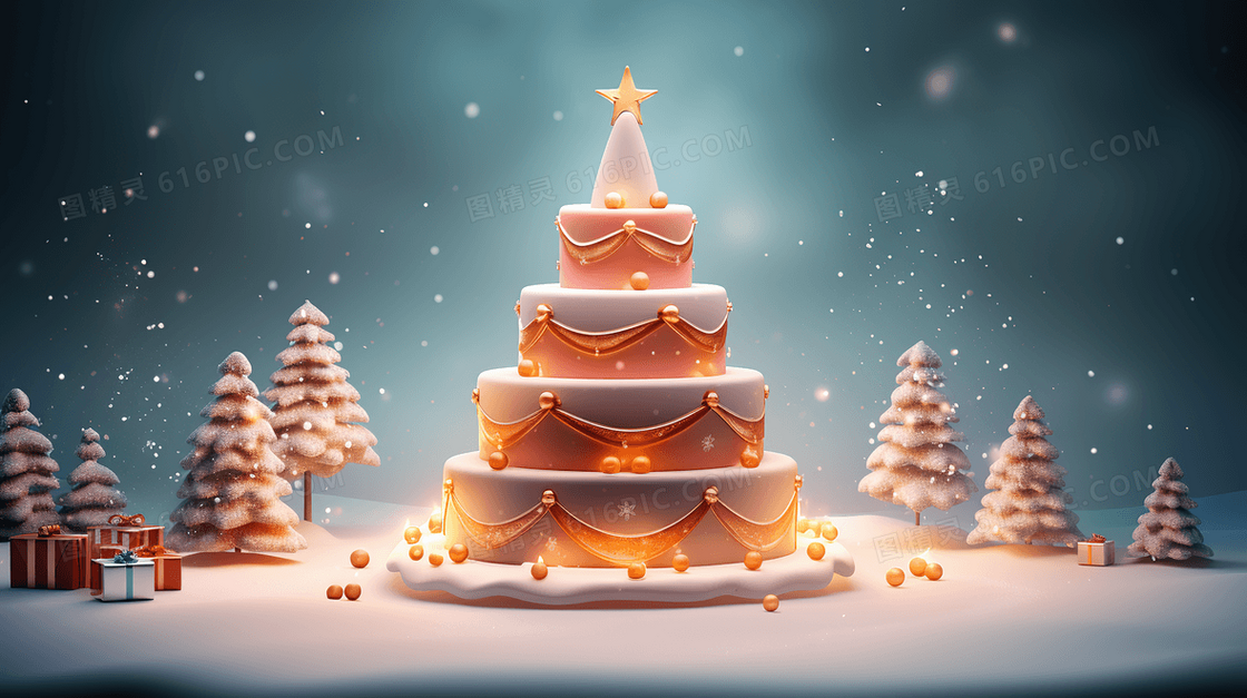 3D立体模型冬季雪地圣诞树节日蛋糕插画