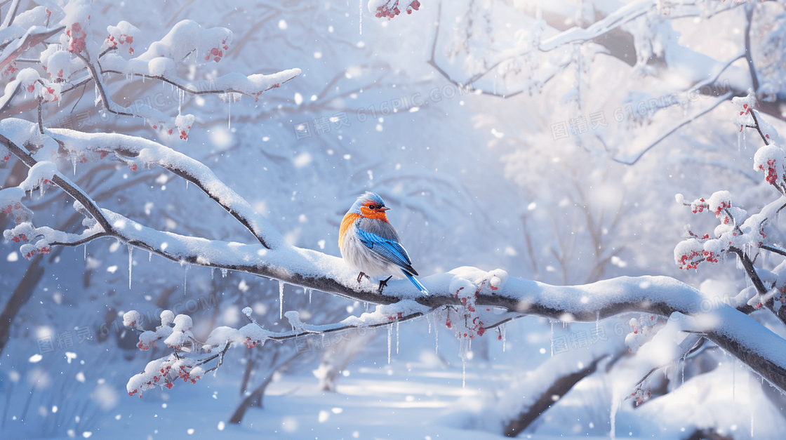 被冰雪覆盖的树枝上的翠鸟插画