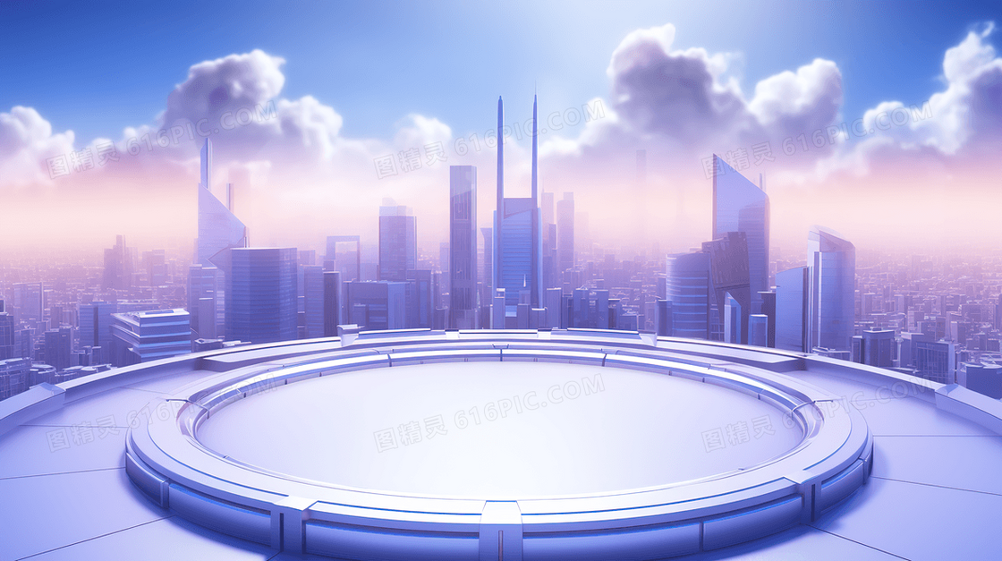 紫色圆形舞台展台城市背景插画