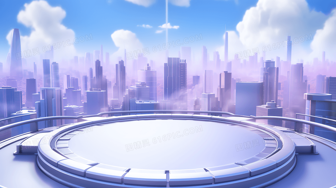 紫色圆形舞台展台城市背景插画