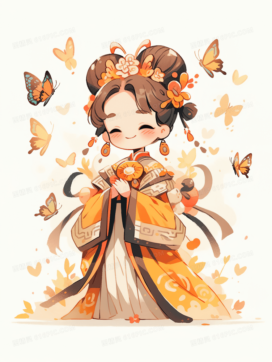 中国风花朵蝴蝶围绕的古典美人插画