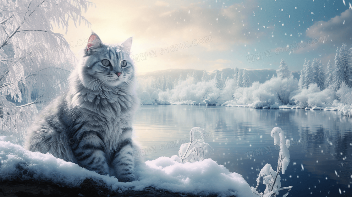夕阳下山林湖泊旁的猫咪插画