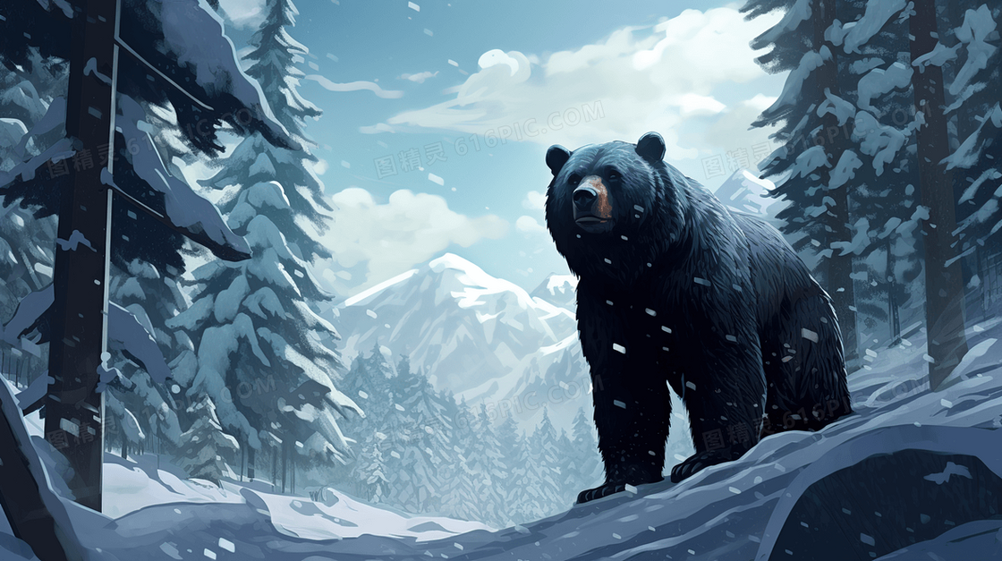 北方树林雪地里体型庞大的黑熊插画
