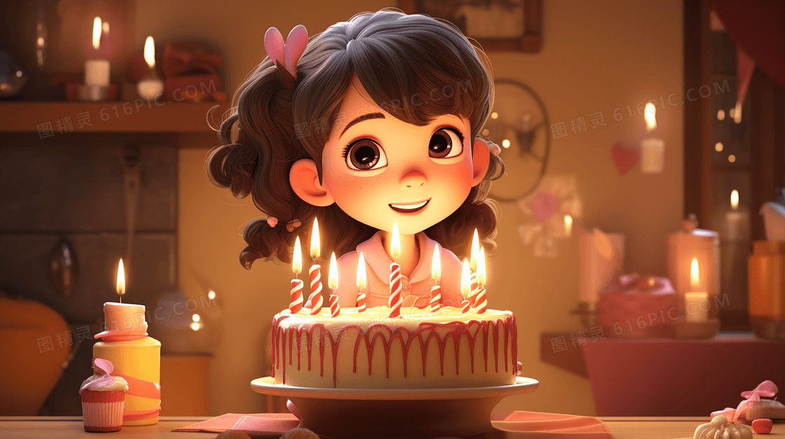 小孩在生日蛋糕前开心庆祝生日插画