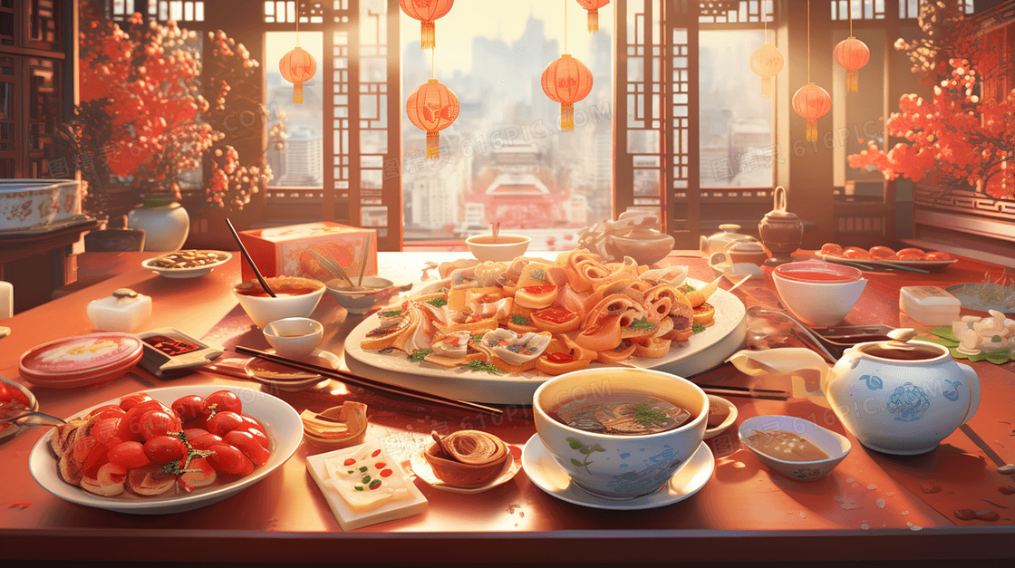 春节家人齐聚一堂的丰盛团圆饭美食插画