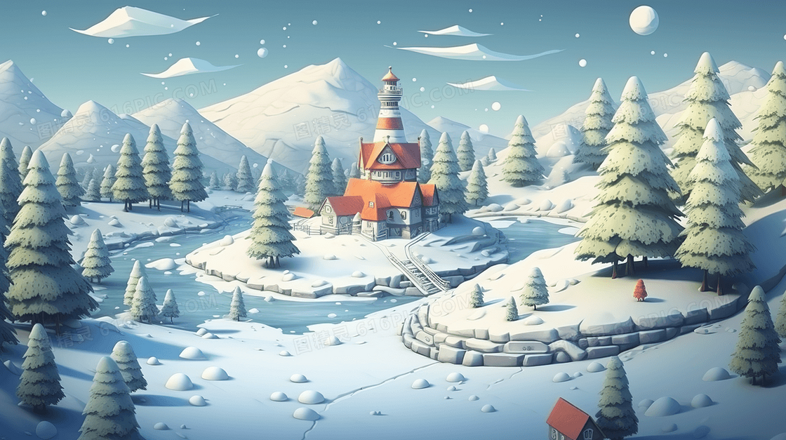 冬季高山森林小屋雪景插画