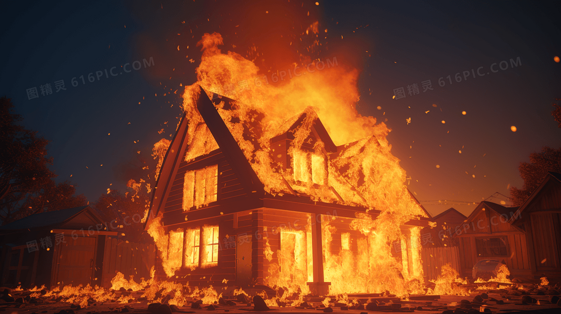 大火燃烧的房屋插画
