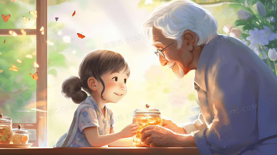 白发爷爷送蜜饯给可爱的小孙女插画