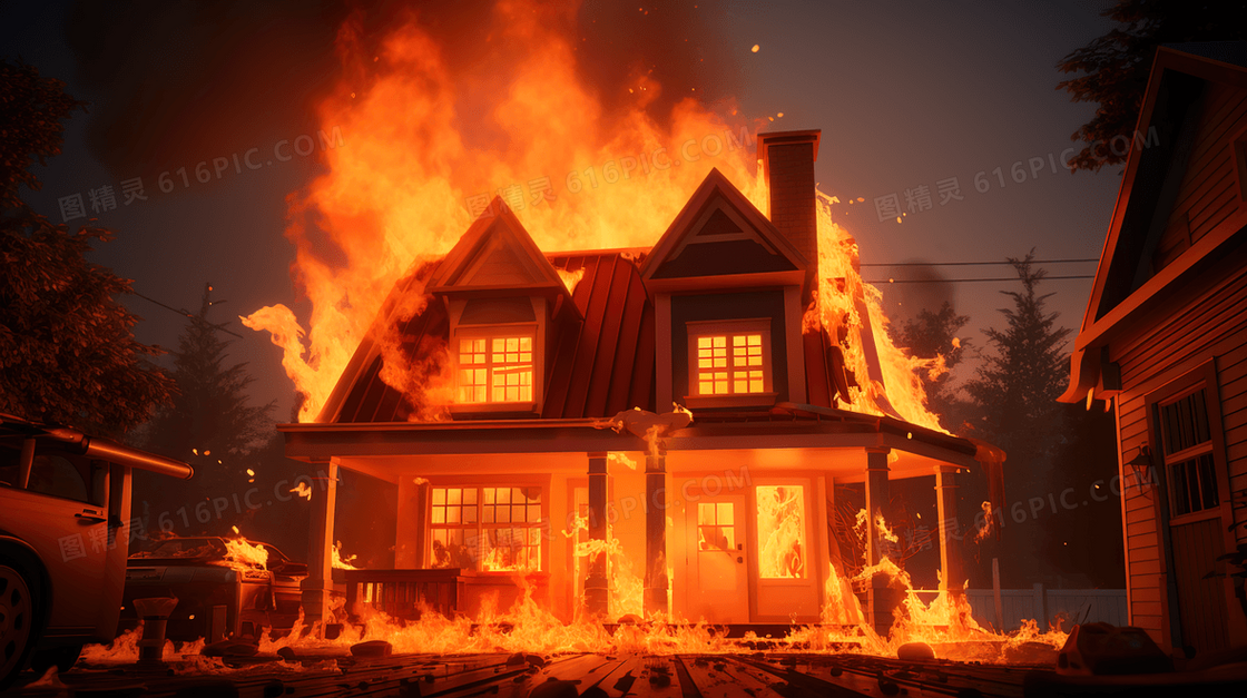 大火燃烧的房屋插画