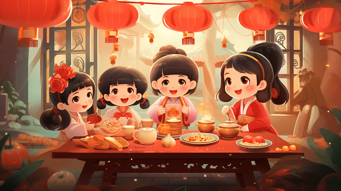 春节家人齐聚一堂吃丰盛团圆饭插画