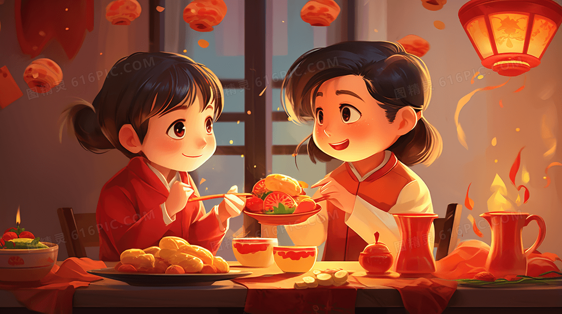 春节家人齐聚一堂吃丰盛团圆饭插画