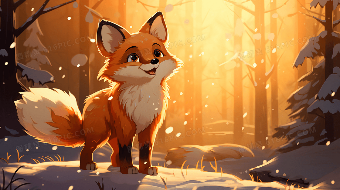 冬季雪地山林里的小狐狸插画