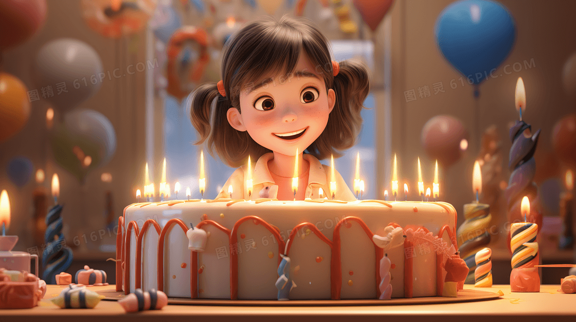 女孩在生日蛋糕前开心庆祝生日插画