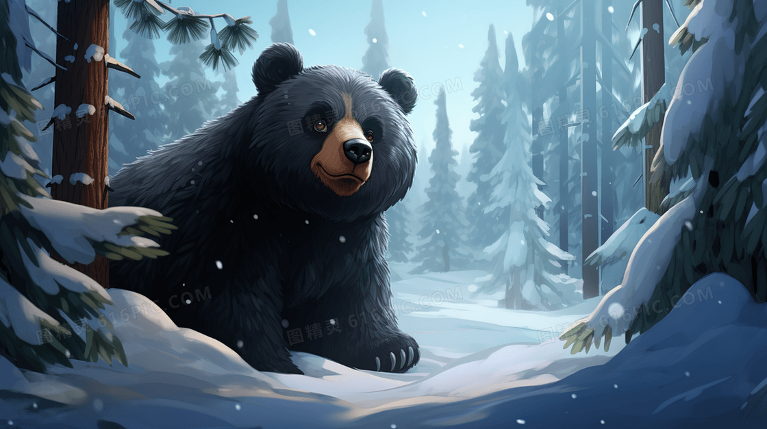 北方树林雪地里体型庞大的黑熊插画