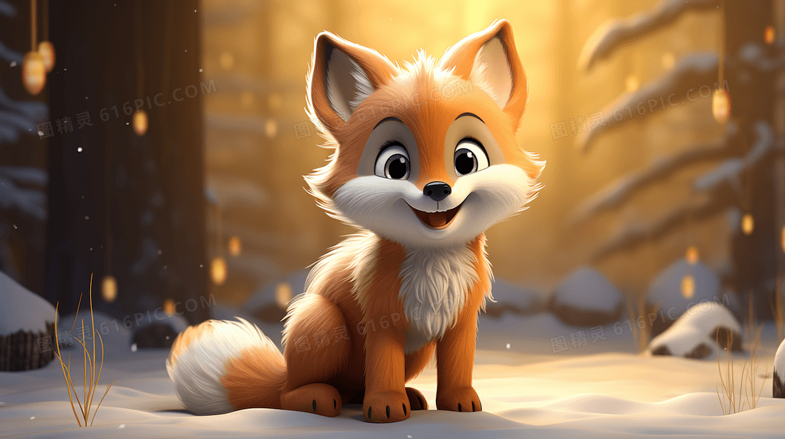 冬季雪地山林里的小狐狸插画