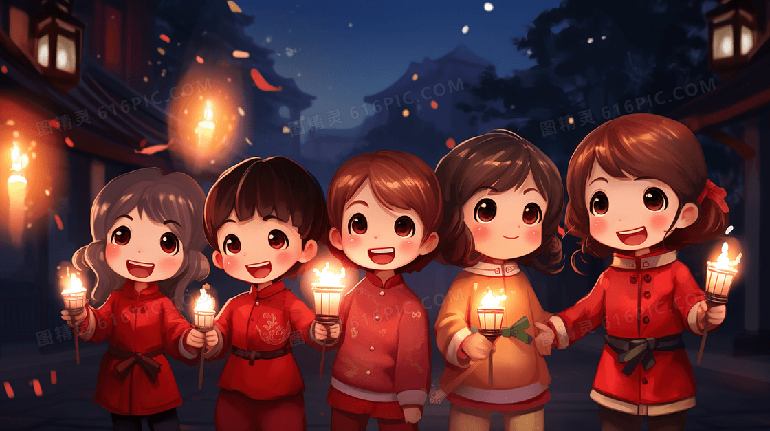 中国春节穿新衣放烟花的孩子插画
