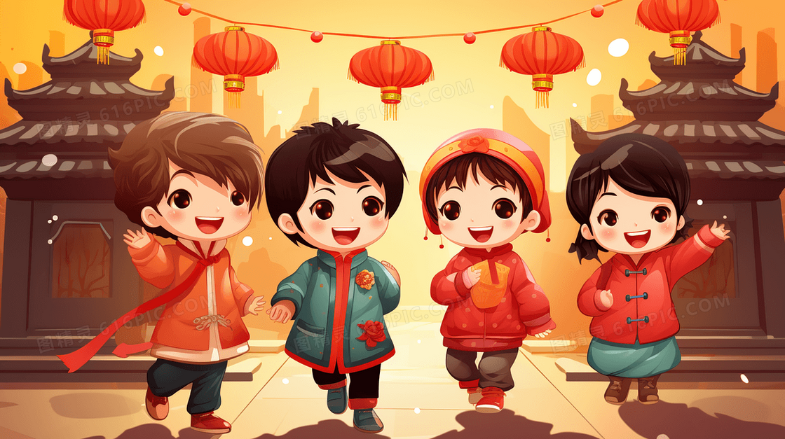 中国春节穿新衣赏花灯的孩子插画