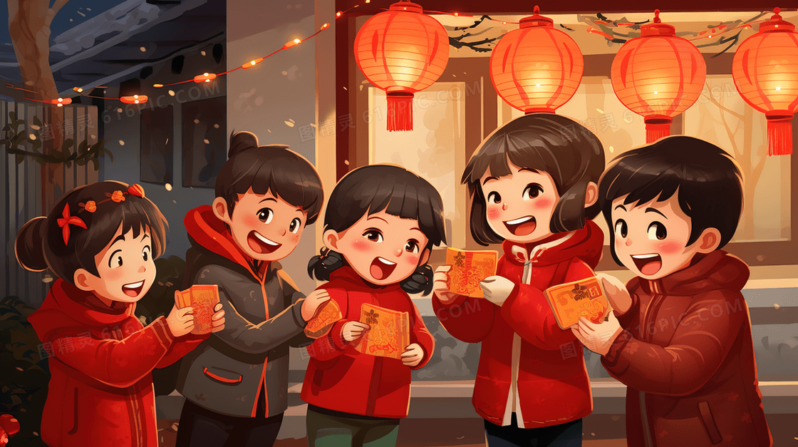中国春节穿新衣赏花灯的孩子插画