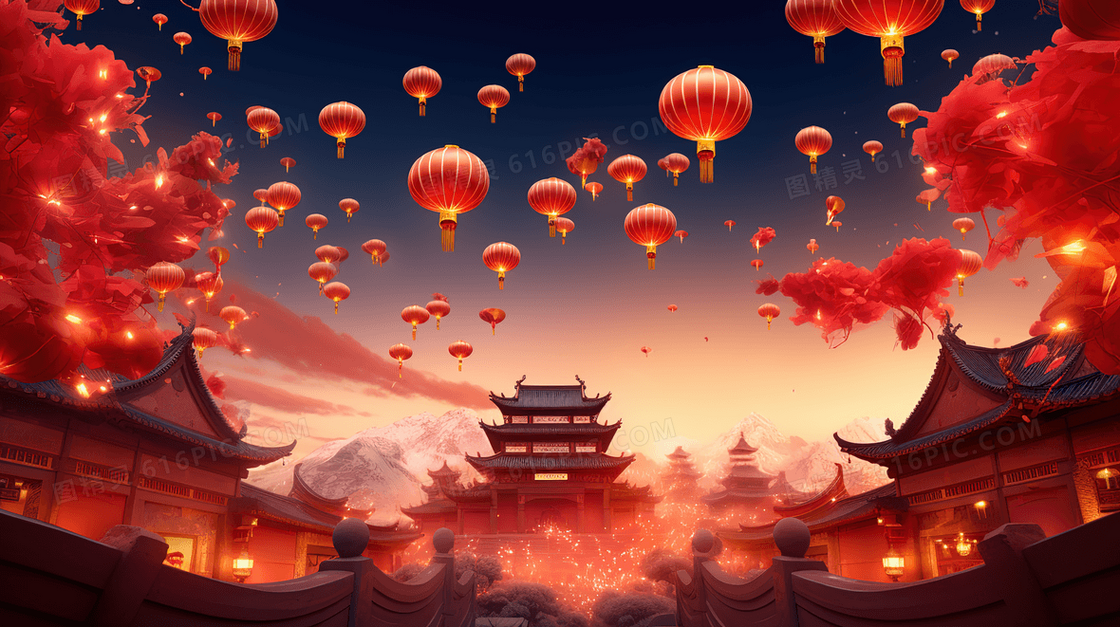 红色中国风春节灯笼装饰插画