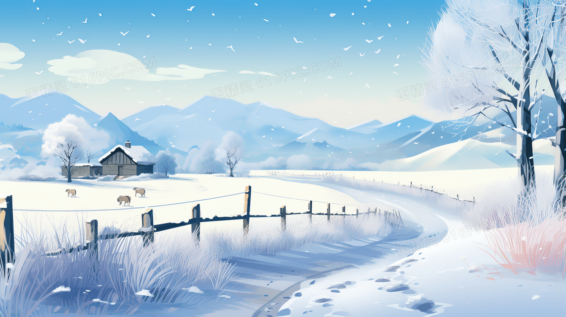 中国古代乡村冬季雪景插画