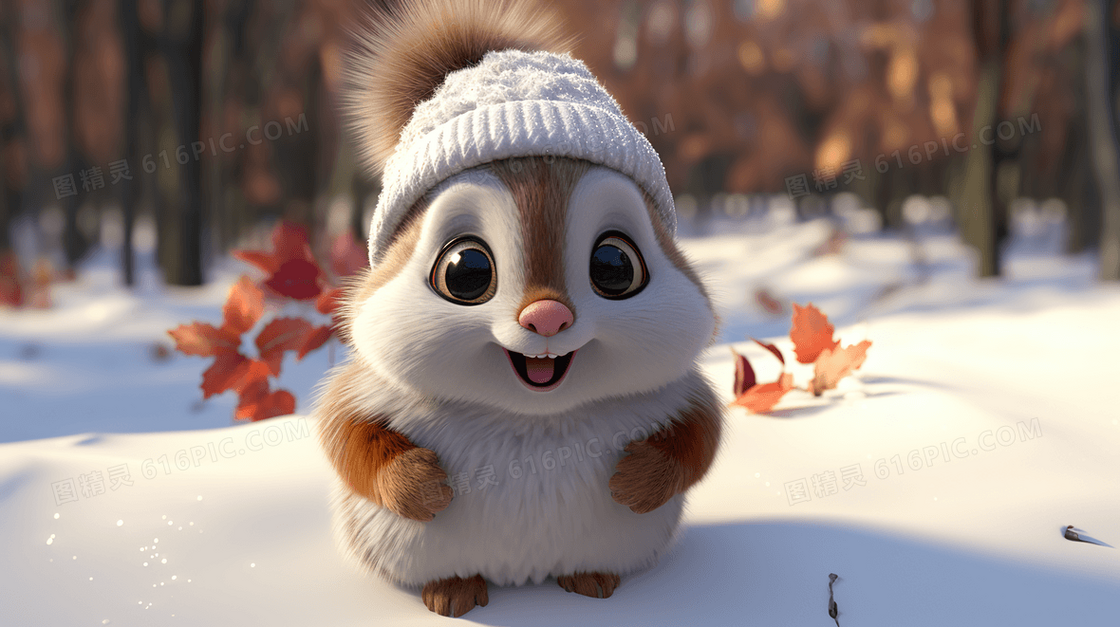 冬季雪地里的戴针织帽的松鼠
