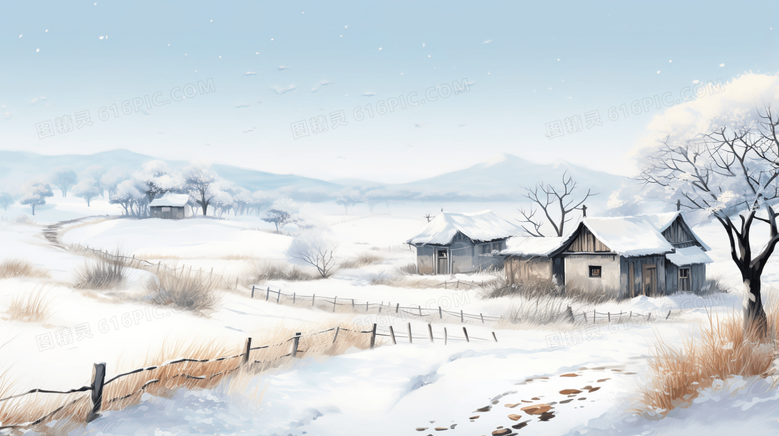 中国古代乡村冬季雪景插画