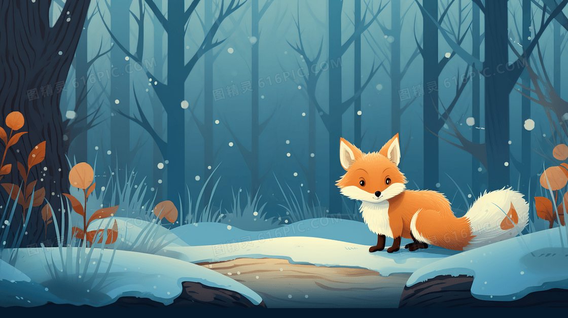 冬季雪地山林里的狐狸插画